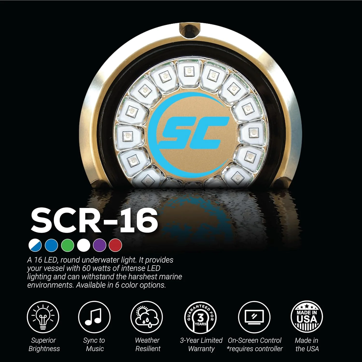 چراغ زیرآبی روکار Shadow-Caster SCR-16، 60 وات، تا 6000 لومن، همراه با کابل 10 فوتی