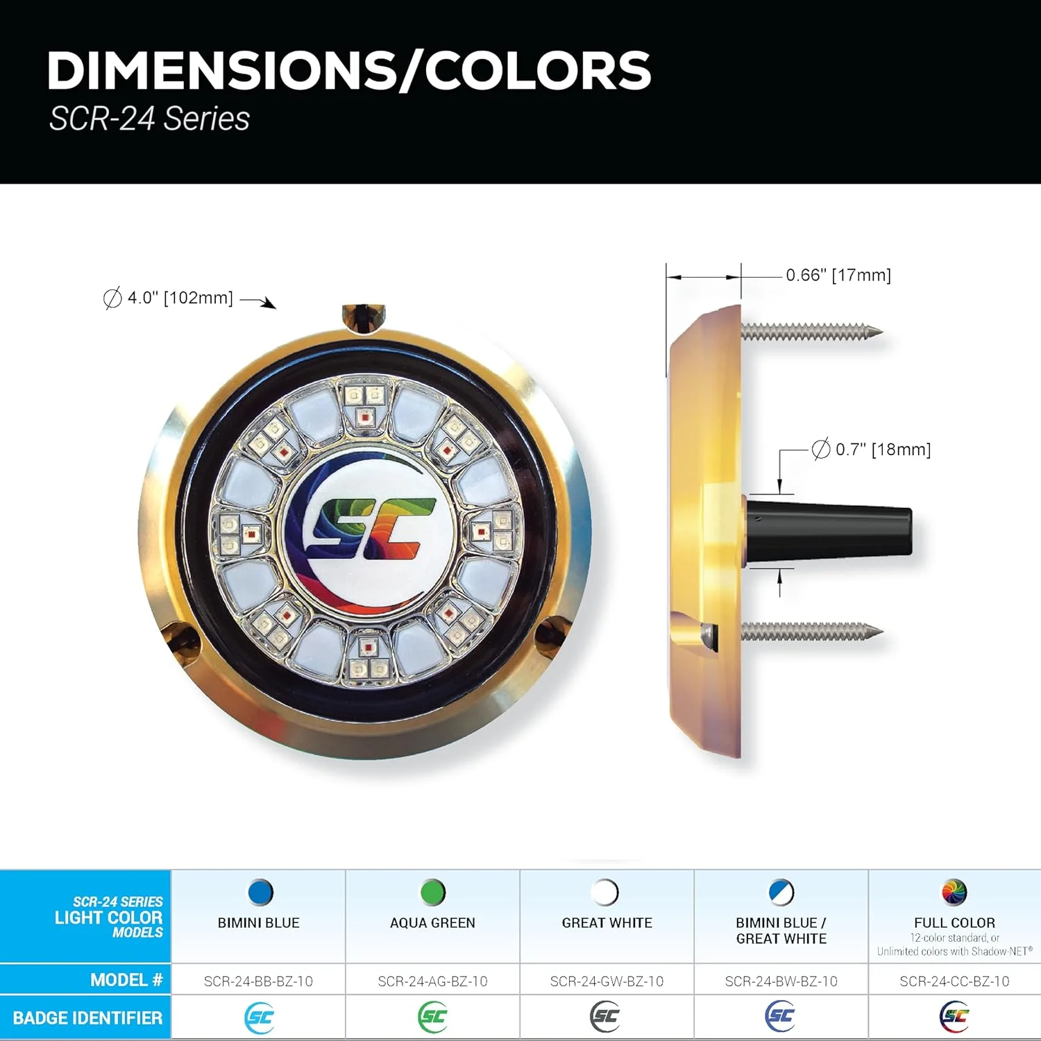 چراغ LED زیرآبی قایق Shadow-Caster SCR-24 - تغییر رنگ (RGBW) - بدنه برنزی - نصب سطحی 90 وات - لنز شیشه ای حرارت دیده - ضد آب IP68 کاملا غوطه ور