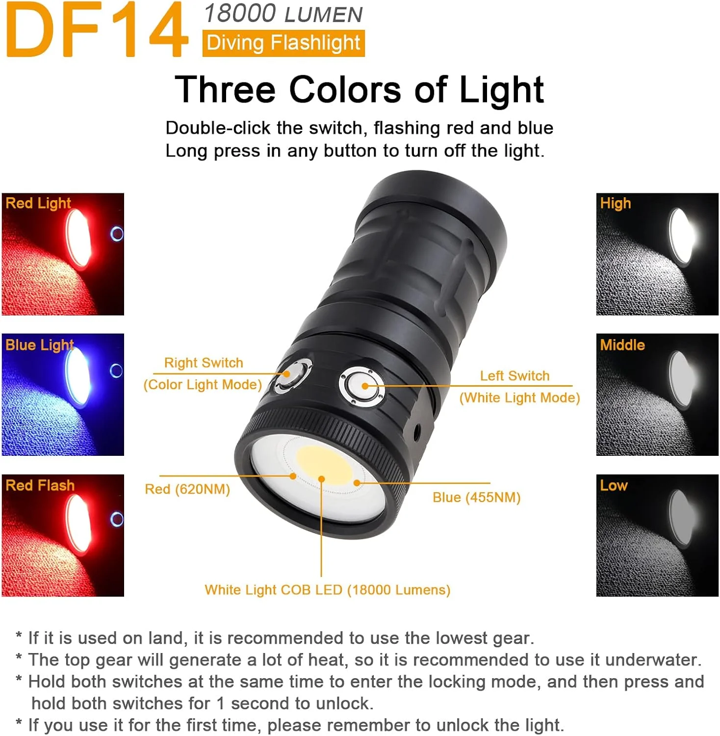 چراغ قوه غواصی SecurityIng DF14 با روشنایی 18000 لومن، چراغ ویدئویی زیر آب 100 متری، چراغ قوه زیر آب قابل شارژ برای غواصی/عکاسی زیر آب/ورزش های زیر آب با باتری داخلی