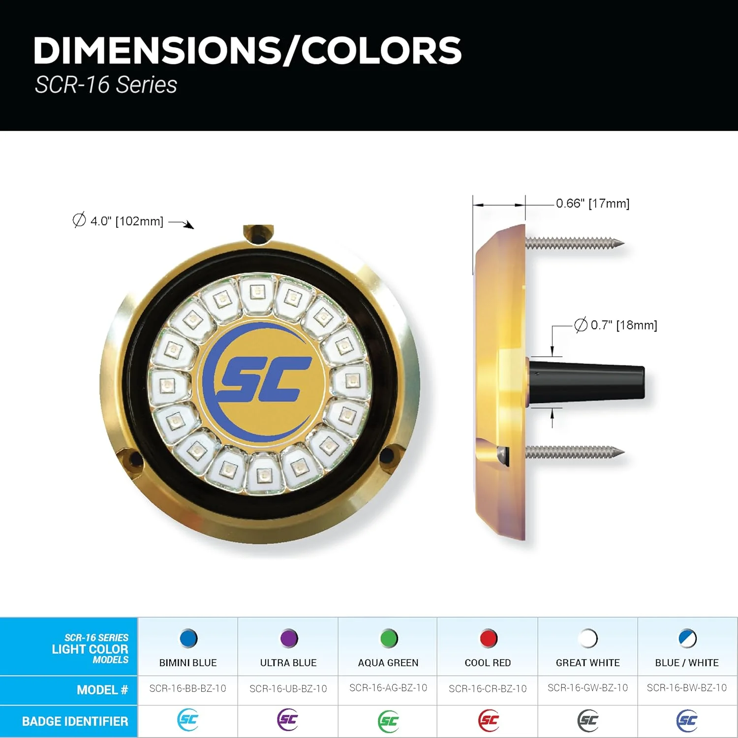 چراغ زیرآبی روکار Shadow-Caster SCR-16، 60 وات، تا 6000 لومن، همراه با کابل 10 فوتی