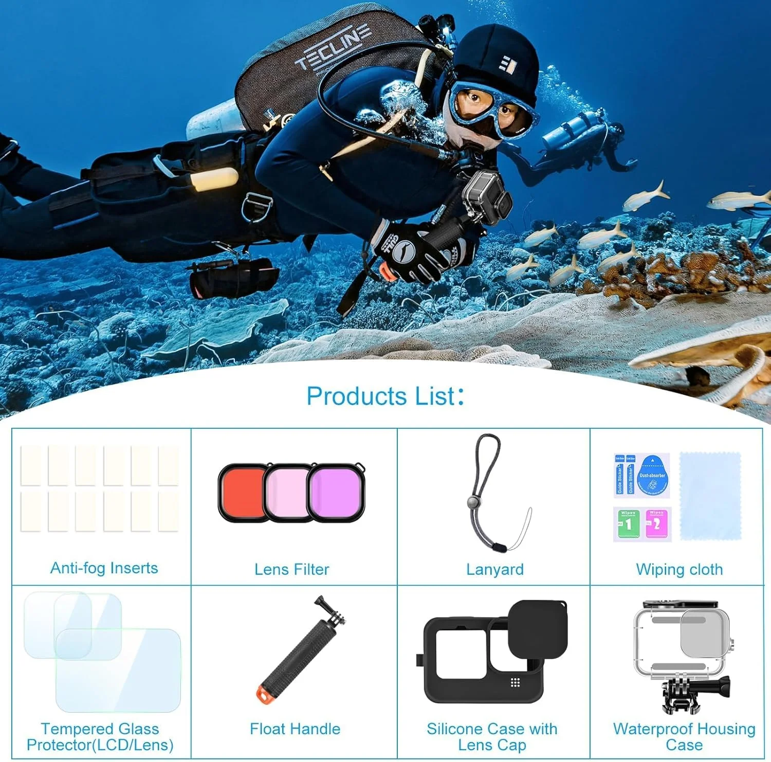 کیت لوازم جانبی برای Gopro Hero 12 11 10 9 شامل محفظه ضد آب، دسته شناور زیر آب، روکش سیلیکونی، درپوش لنز، محافظ صفحه نمایش شیشه ای، فیلترهای غواصی و درج های ضد مه