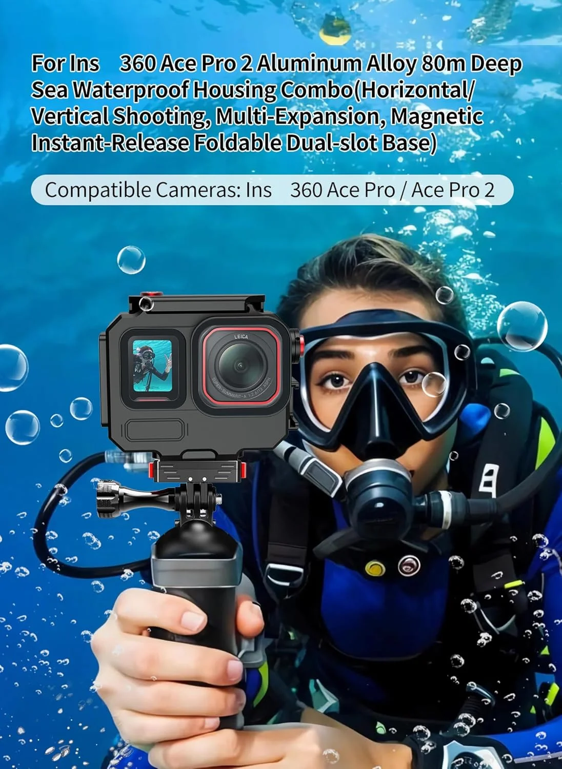 محفظه ضد آب آلومینیومی 80 متری برای Ace Pro/Ace Pro 2، قاب های غواصی دوربین با آداپتور نصب مغناطیسی، محافظ غواصی دوربین (دو اسلات تاشو مغناطیسی)