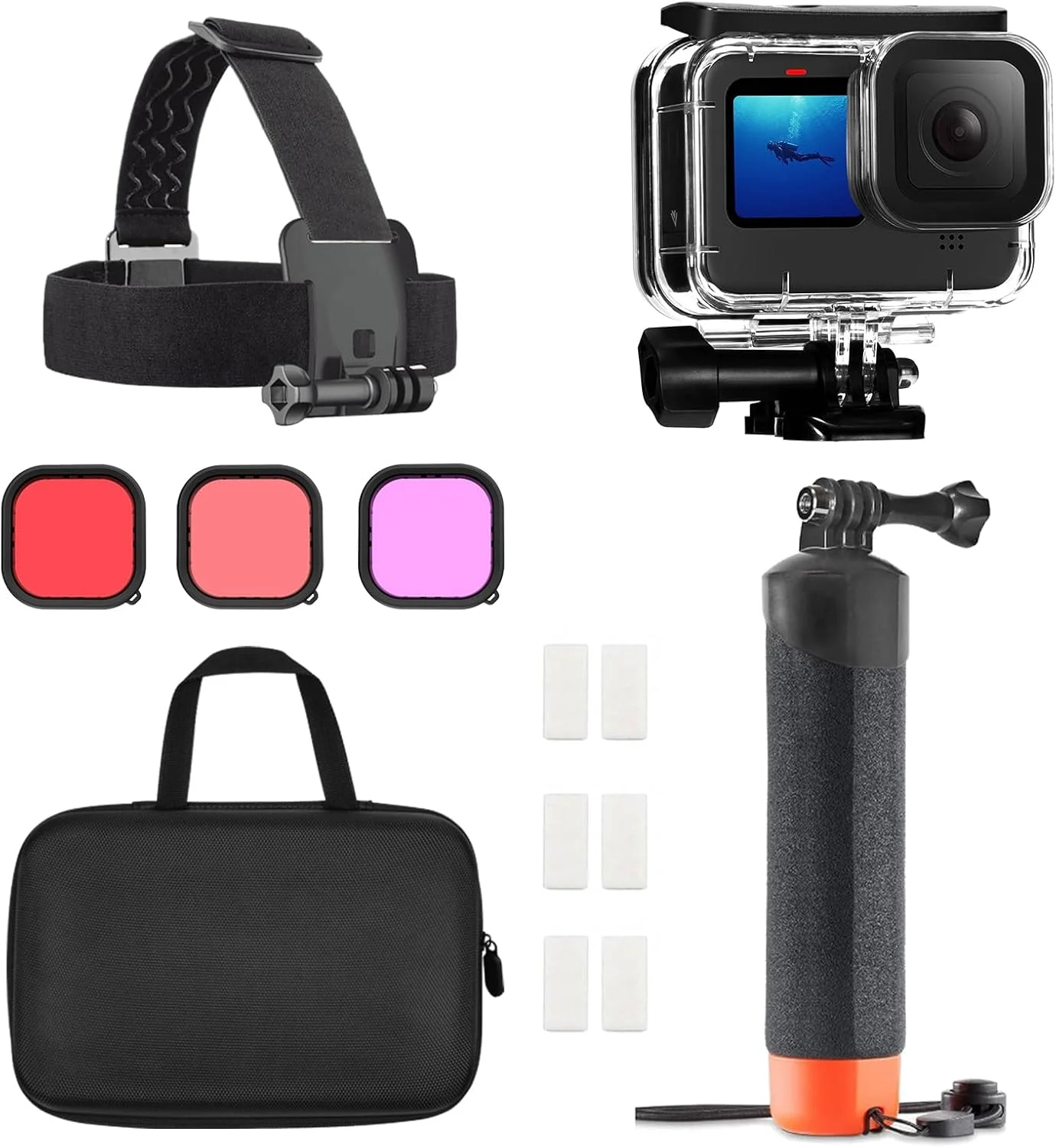 محفظه ضد آب میاکون برای گو پرو هیرو ۱۳ ۱۲ ۱۱ ۱۰ ۹ مشکی، محفظه محافظ غواصی زیر آب تا عمق ۶۰ متر با دسته شناور، بند سر و کیف نگهداری لوازم جانبی گو پرو ۱۳ ۱۲ ۱۱ ۱۰ ۹