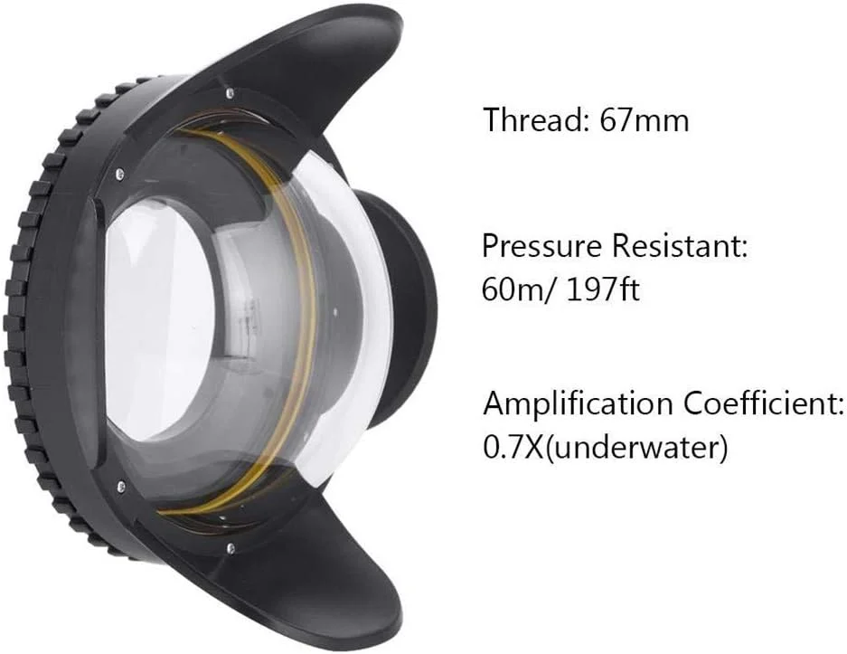 لنز زاویه باز 67 میلی‌متری Mcoplus 60M/200ft، هود فیش‌آی گنبدی شکل زیر آب برای غواصی، موج‌سواری و اسکی