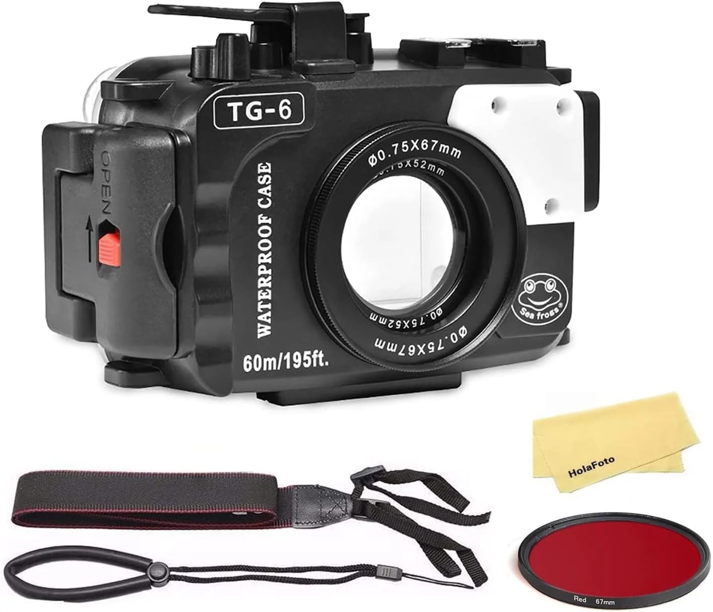 محفظه ضد آب SeaFrogs برای Olympus Tough TG-6 [60m/195ft] جعبه غواصی حرفه ای ضد آب برای Olympus tg6، با سنسور تشخیص نشت داخلی، رابط پمپ خلاء - مشکی