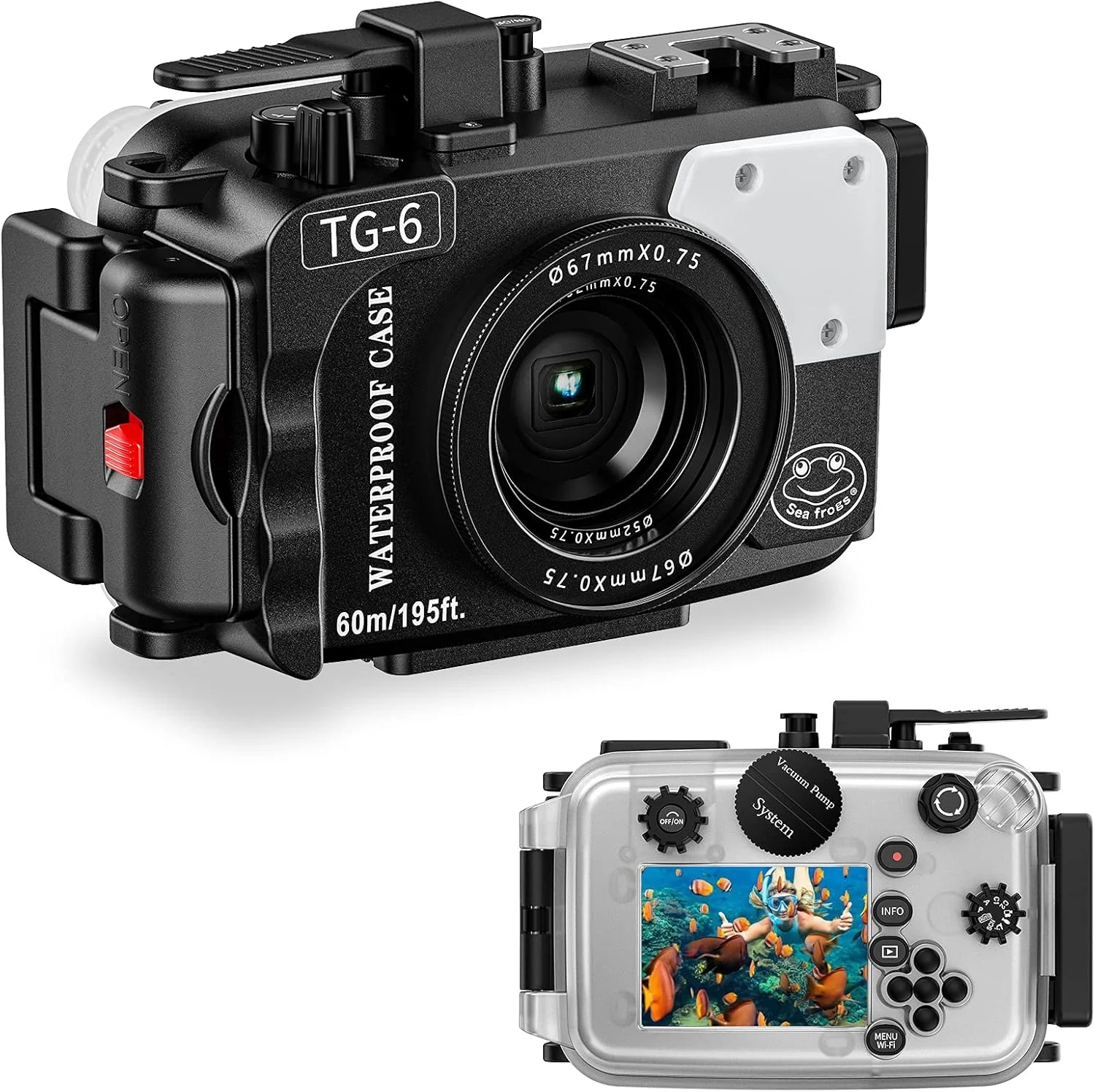 محفظه ضد آب دوربین Sea Frogs سازگار با Olympus TG-6، استاندارد IPX8، حداکثر عمق غواصی 60 متر / 196 فوت، مناسب برای غواصی، موج سواری، قایقرانی، اسکی، مشکی