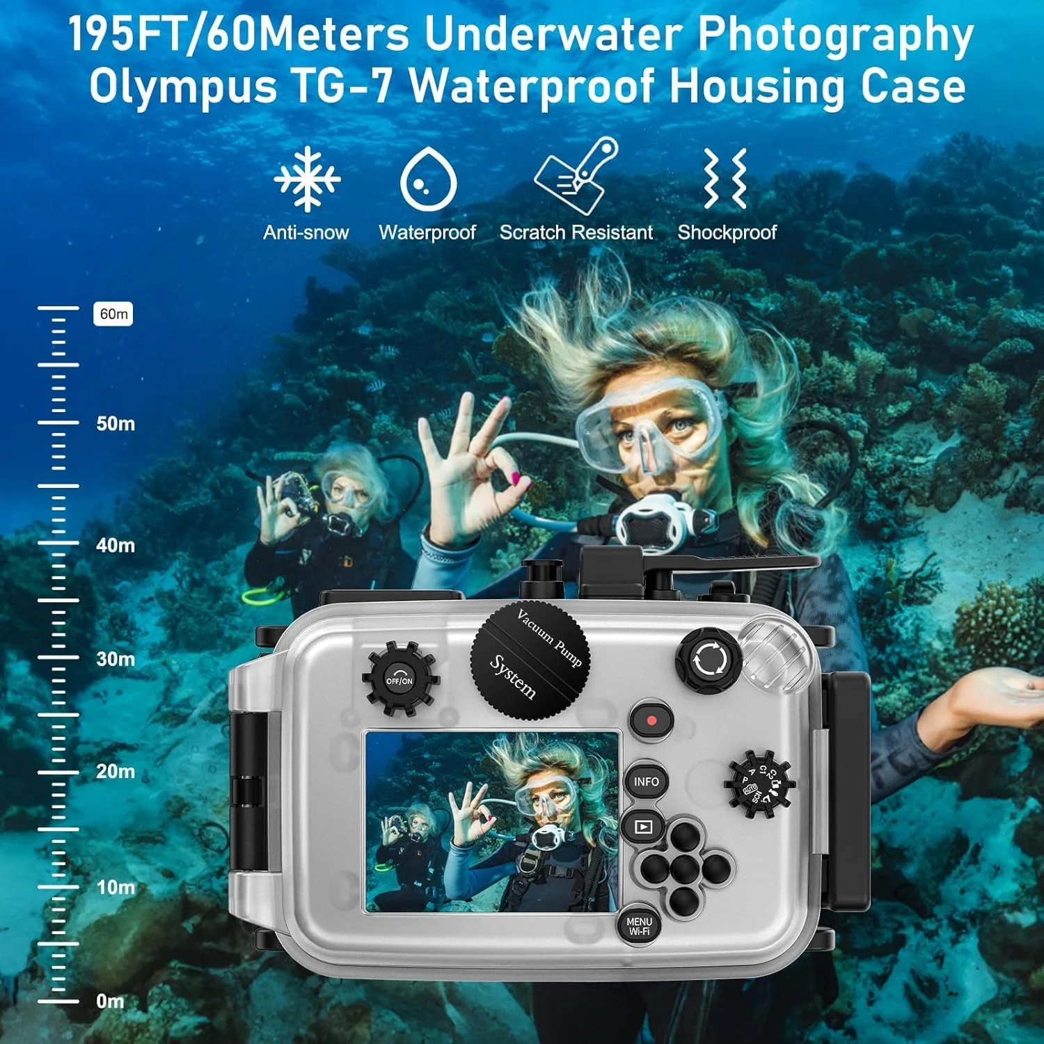 محفظه دوربین Sea Frogs سازگار با Olympus TG-7، ضد آب با استاندارد IPX8، محافظت تا عمق 60 متر / 197 فوت، قاب دوربین زیر آب (همراه با لنز واید انگل + فیلتر قرمز، سفید)
