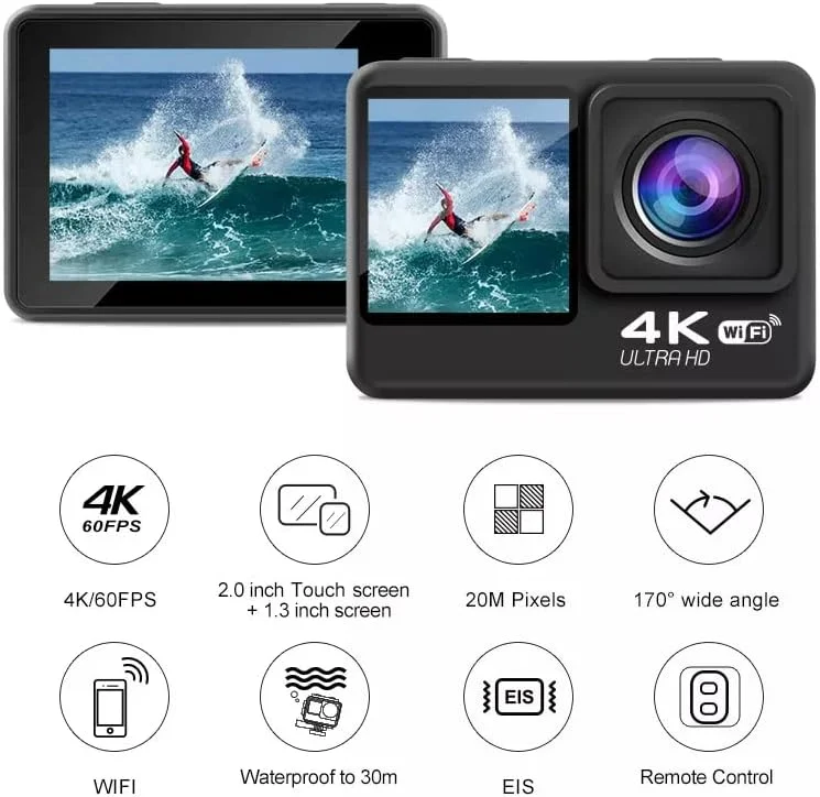 دوربین ورزشی 4K 60fps با صفحه نمایش لمسی دوگانه، دوربین ضد آب زیر آب با تثبیت کننده ضد لرزش، 20 مگاپیکسل، زوم دیجیتال 4X، پشتیبانی از WiFi و کنترل از راه دور 2.4G برای ورزش های فضای باز