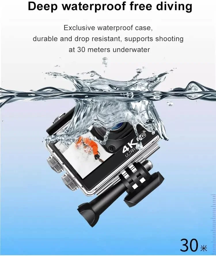 دوربین ورزشی 4K 60fps با صفحه نمایش لمسی دوگانه، دوربین ضد آب زیر آب با تثبیت کننده ضد لرزش، 20 مگاپیکسل، زوم دیجیتال 4X، پشتیبانی از WiFi و کنترل از راه دور 2.4G برای ورزش های فضای باز