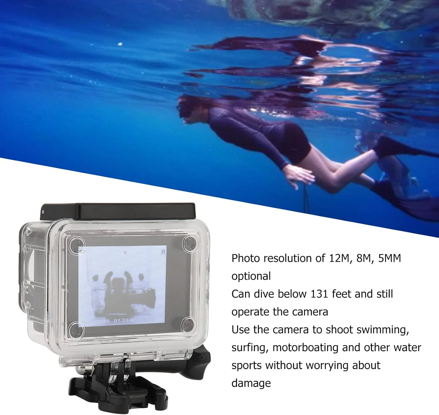 دوربین ورزشی ضد آب، FHD 1080P، صفحه نمایش رنگی HD 2.0 اینچی، لنز زاویه باز 140 درجه برای ورزش، دوربین زیر آب با رزولوشن عکس 12M، 8M، 5M، عمق 131 فوت