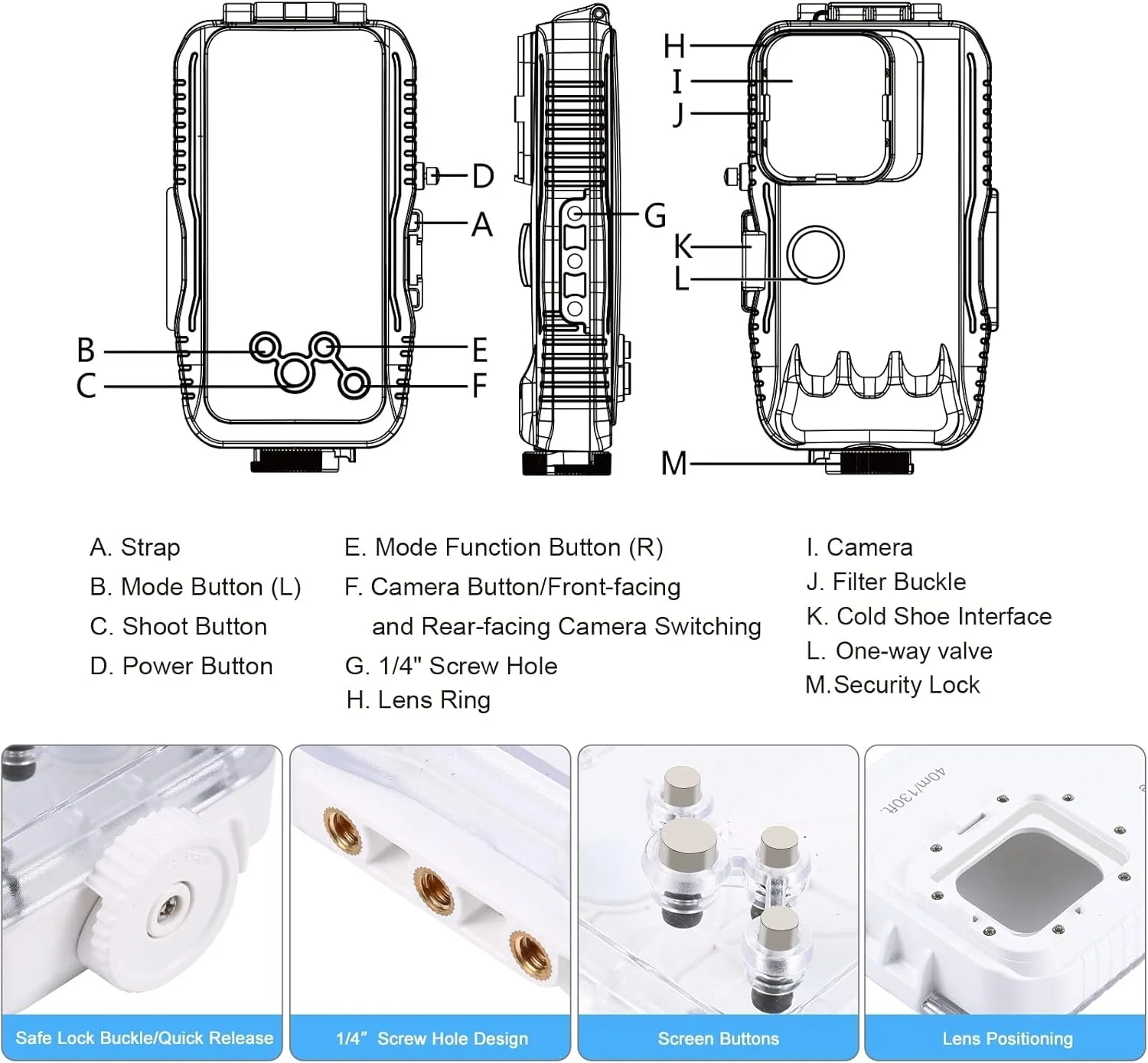 محفظه ضد آب یک طرفه PULUZ برای آیفون 15 پرو / 14/14 پرو / 13/13 پرو / 12/12 پرو، محفظه ضد آب 40 متری / 130 فوتی، ضد ضربه و ضد گرد و غبار سفید