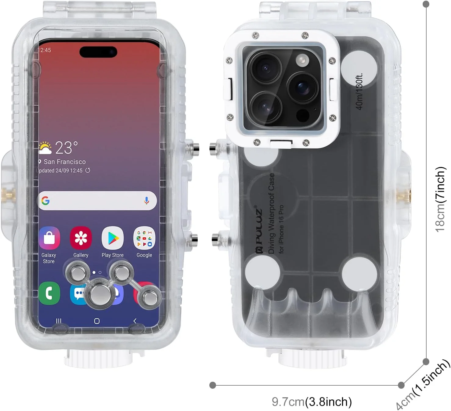محفظه غواصی PULUZ 40 متری برای آیفون 16 پرو، محفظه لمسی زیر آب، محفظه غواصی عکس و فیلم زیر آب برای موج سواری و غواصی
