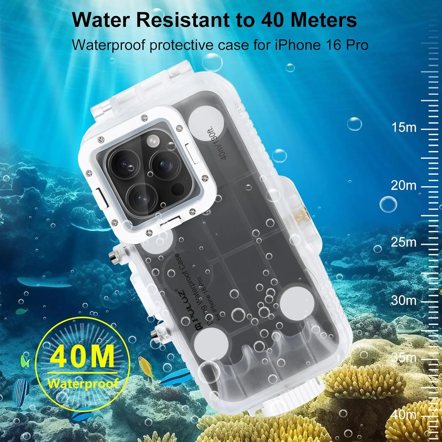 محفظه غواصی PULUZ 40 متری برای آیفون 16 پرو، محفظه لمسی زیر آب، محفظه غواصی عکس و فیلم زیر آب برای موج سواری و غواصی