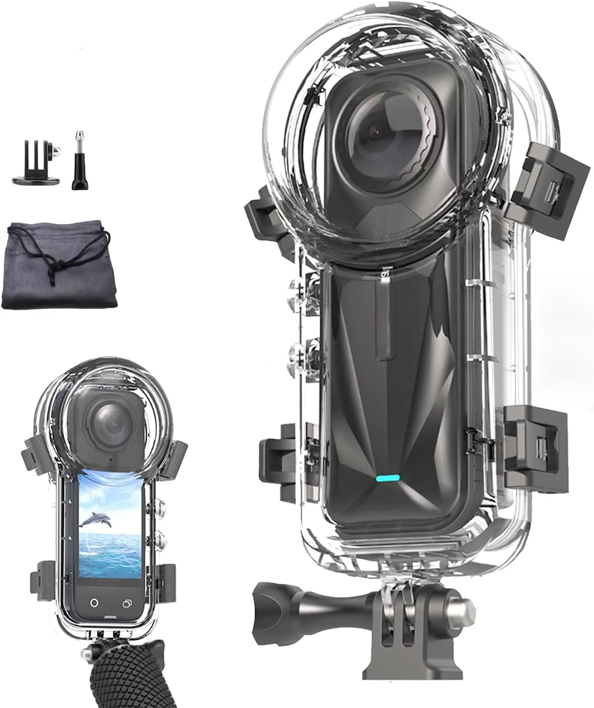 محفظه غواصی نامرئی سازگار با Insta360 X5 – محفظه ضد آب غواصی تا عمق 60 متر/196 فوت، ضد مه، لنز فوق‌العاده شفاف، محافظت 360 درجه برای غواصی، موج‌سواری، غواصی سطحی و ورزش‌های سنگین