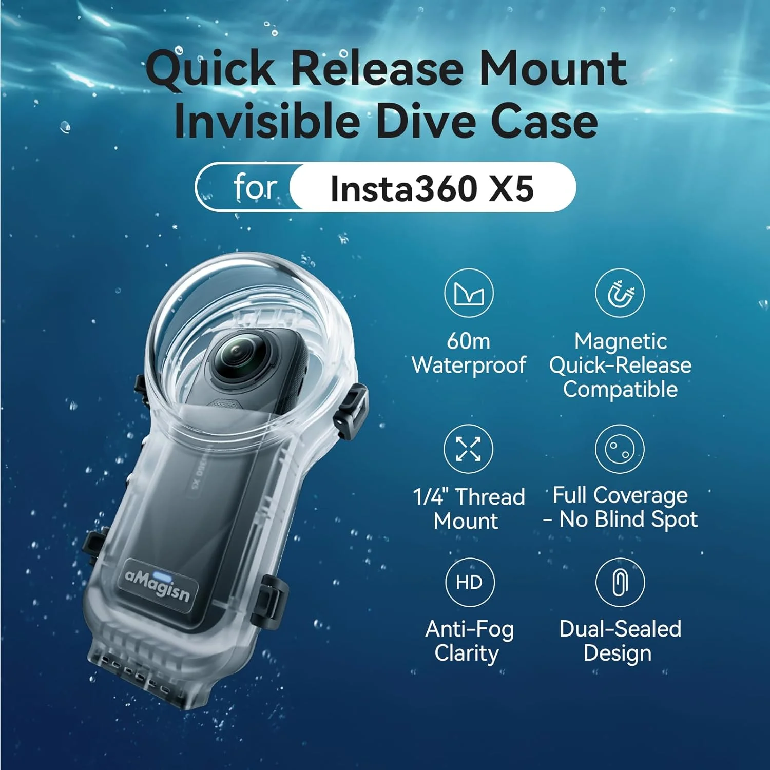محفظه ضد آب نامرئی برای Insta360 X5، مناسب غواصی تا عمق 60 متر، با رابط اتصال مغناطیسی سریع برای لوازم جانبی Insta 360 X5، همراه با پوشش لنز و درج ضد بخار