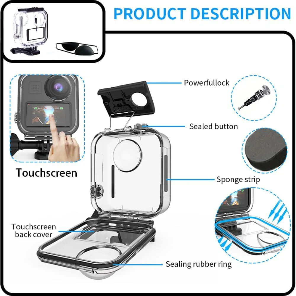 محفظه ضد آب لمسی برای دوربین GoPro MAX 360 (2025)، محافظ غواصی زیر آب 25 متری برای لوازم جانبی Go Pro Max 360 2025 (سازگار با Gopro MAX 360 2019/MAX 2 نیست)