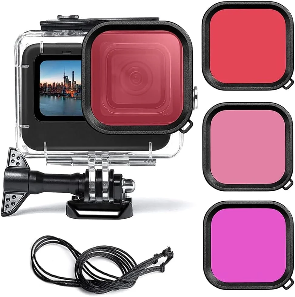 محفظه ضد آب با فیلترهای غواصی برای دوربین های اکشن GoPro Hero 13 GoPro Hero 12 Hero 11 Hero 10 Hero 9 Black، محفظه محافظ زیر آب 60 متری، لوازم جانبی کیت غواصی GoPro