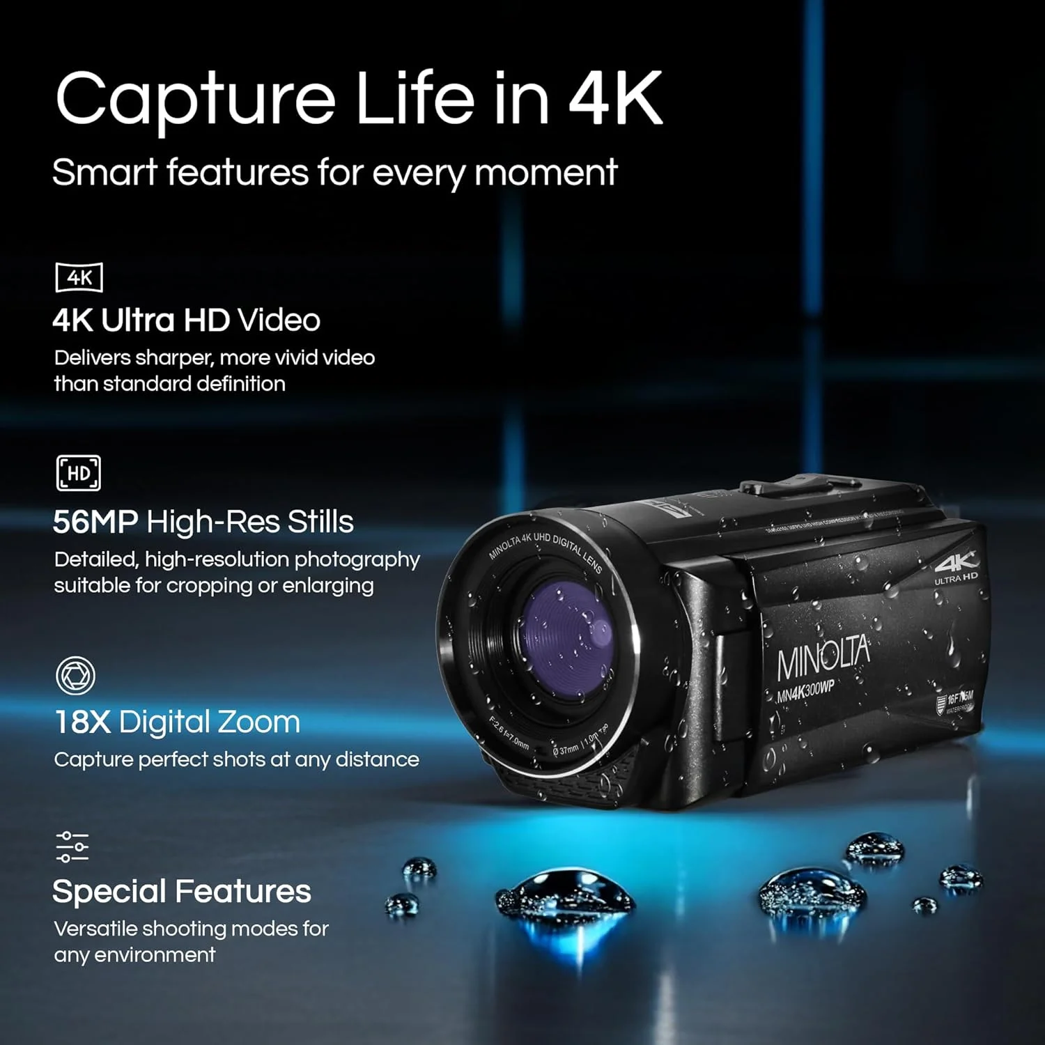 دوربین فیلمبرداری ضد آب مینولتا – ویدئو 4K Ultra HD، عکس های 56 مگاپیکسلی، زوم 18X، صفحه نمایش 3 اینچی LCD، تایم لپس، ضبط حلقه ای، عکس برداری پیاپی، ضد لرزش، حالت وب کم، HDMI/USB (آبی)