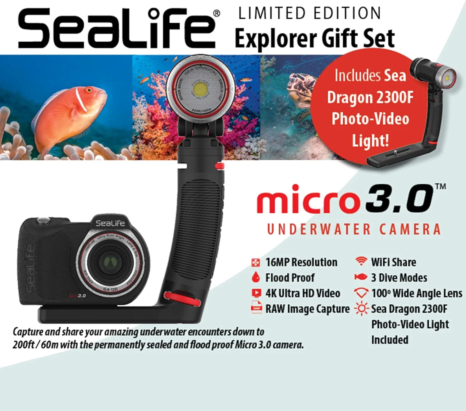 ست هدیه دوربین زیرآبی SeaLife Micro 3.0 Limited Edition Explorer برای عکاسی و فیلمبرداری، راه اندازی آسان، شامل نور Sea Dragon 2300 Photo-Video