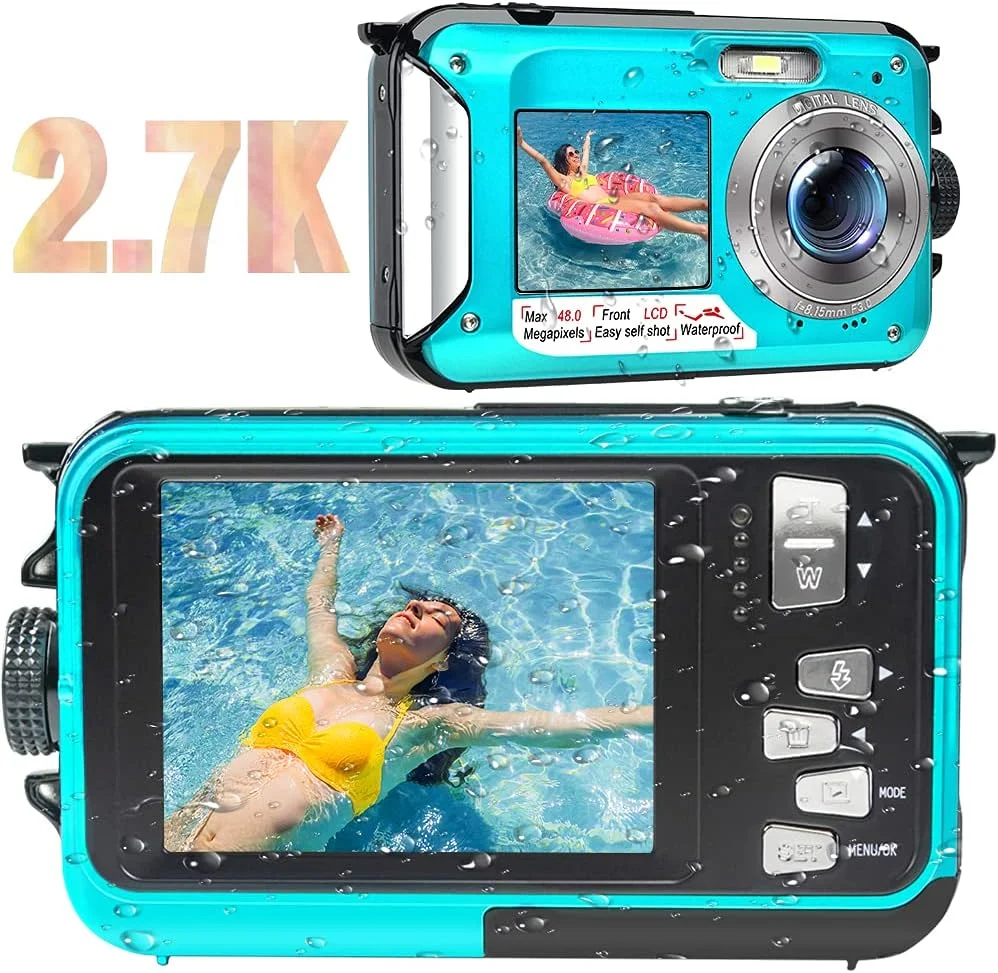 دوربین دیجیتال ضد آب شیمشون 48 مگاپیکسل، فیلمبرداری 2.7K مناسب غواصی | دو صفحه نمایش | زوم دیجیتال 16 برابر | چراغ قوه | ضد آب تا عمق 3 متر (آبی)