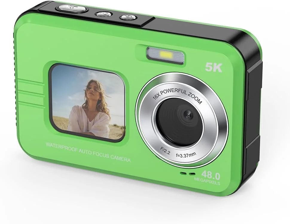 دوربین دیجیتال ضد آب MERCANOVA 5K Ultra HD، 48 مگاپیکسل، دو صفحه نمایش (2.8 اینچی عقب و 1.7 اینچی جلو)، زوم 16X، فوکوس خودکار، دوربین زیر آب IP68، جمع و جور برای مسافرت و وبلاگ نویسی - سبز