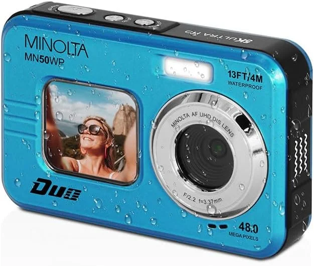 دوربین دیجیتال 48 مگاپیکسلی زیرآبی مینولتا – فیلمبرداری 5K Ultra HD، فوکوس خودکار، زوم دیجیتال 16 برابر، دو صفحه نمایش LCD، صفحه نمایش سلفی جلو، ضد آب تا عمق 13 فوت، باتری قابل شارژ، کارت 32 گیگابایتی (آبی)