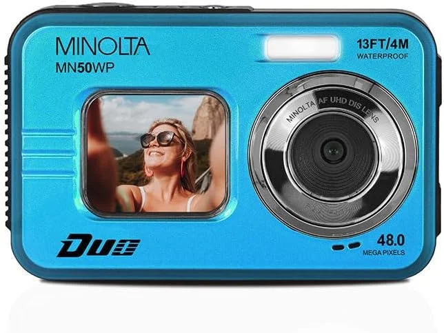 دوربین دیجیتال 48 مگاپیکسلی زیرآبی مینولتا – فیلمبرداری 5K Ultra HD، فوکوس خودکار، زوم دیجیتال 16 برابر، دو صفحه نمایش LCD، صفحه نمایش سلفی جلو، ضد آب تا عمق 13 فوت، باتری قابل شارژ، کارت 32 گیگابایتی (آبی)