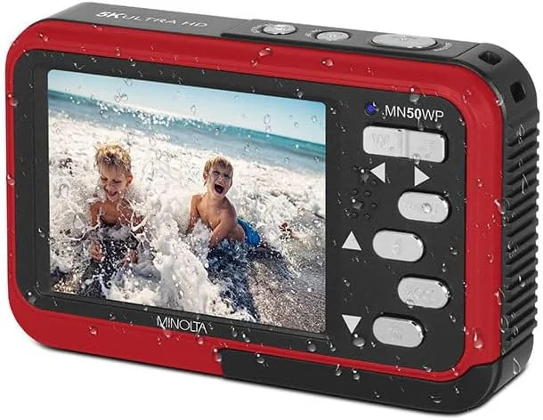 دوربین دیجیتال 48 مگاپیکسلی زیرآب مینولتا – فیلمبرداری 5K Ultra HD، فوکوس خودکار، زوم دیجیتال 16 برابر، دو صفحه نمایش LCD، صفحه نمایش سلفی جلو، ضد آب تا عمق 13 فوت، باتری قابل شارژ، کارت 32 گیگابایتی (قرمز)