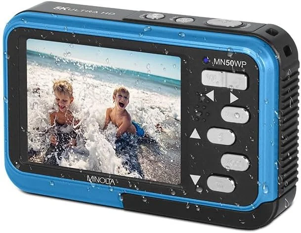 دوربین دیجیتال 48 مگاپیکسلی زیرآبی مینولتا – فیلمبرداری 5K Ultra HD، فوکوس خودکار، زوم دیجیتال 16 برابر، دو صفحه نمایش LCD، صفحه نمایش سلفی جلو، ضد آب تا عمق 13 فوت، باتری قابل شارژ، کارت 32 گیگابایتی (آبی)