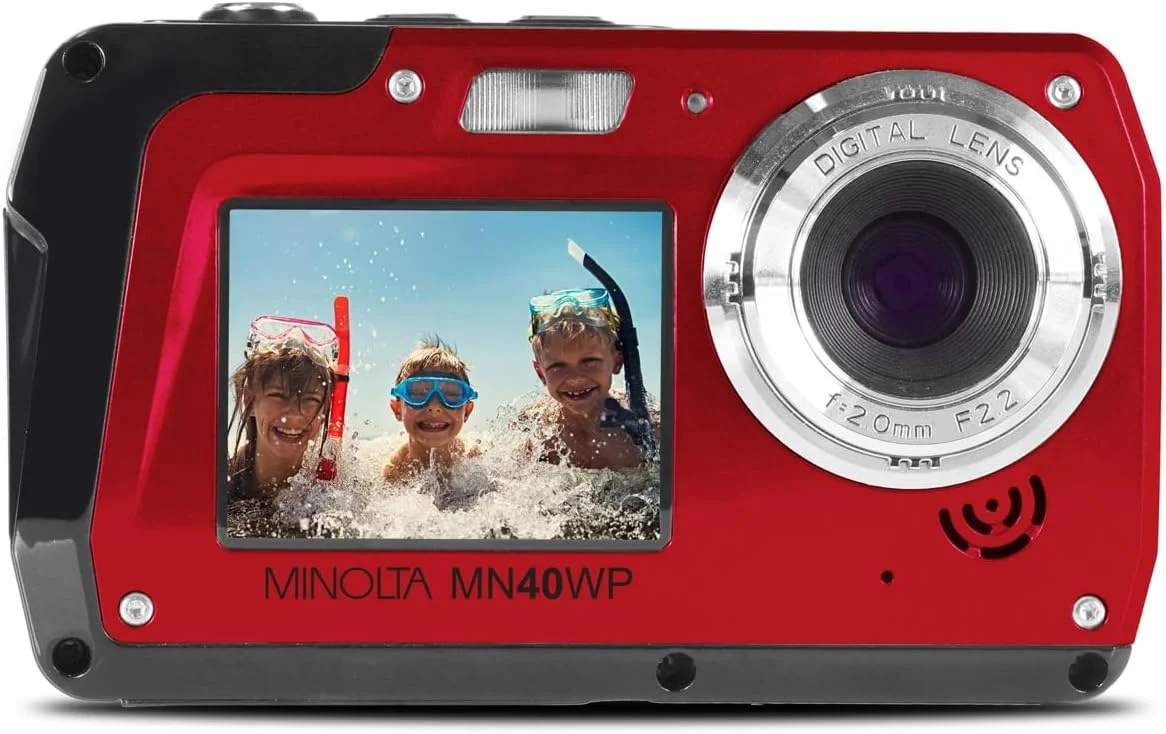 دوربین دیجیتال ضد آب 48 مگاپیکسلی Minolta MN40WP - دارای دو صفحه نمایش LCD، فیلمبرداری 2.7K QHD، زوم دیجیتال 16 برابر، ضد لرزش، تشخیص چهره، ضد آب تا عمق 3 متر (قرمز)