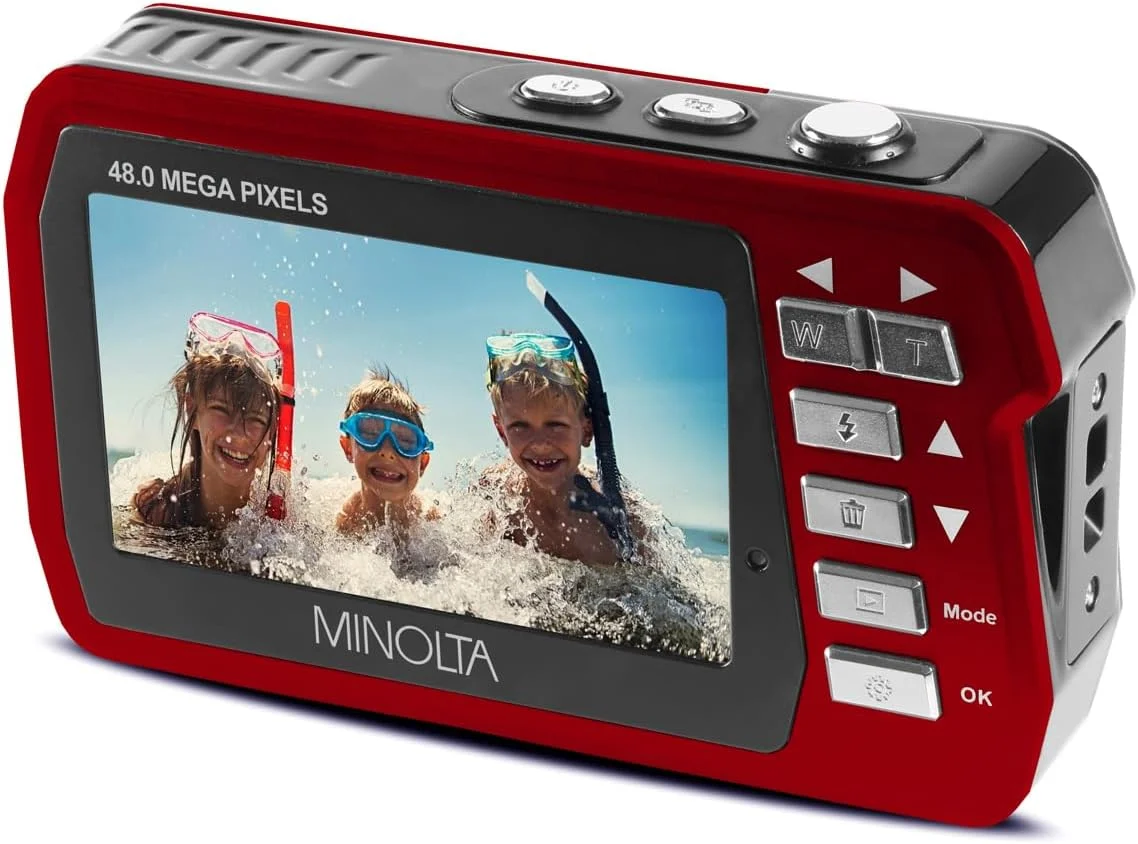 دوربین دیجیتال ضد آب 48 مگاپیکسلی Minolta MN40WP - دارای دو صفحه نمایش LCD، فیلمبرداری 2.7K QHD، زوم دیجیتال 16 برابر، ضد لرزش، تشخیص چهره، ضد آب تا عمق 3 متر (قرمز)