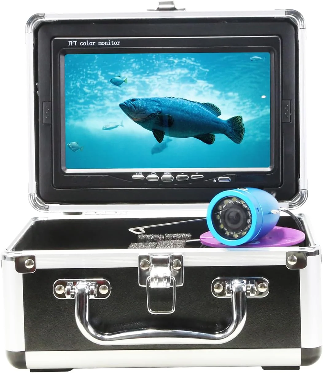 دوربین ماهیگیری زیر آب، صفحه نمایش ال سی دی 7 اینچی با کیفیت 1000TVL، دارای 12 ال ای دی سفید و 12 ال ای دی مادون قرمز، کابل 15/30 متری و باتری 10000 میلی آمپر ساعتی برای ماهیگیری در یخ، قایق کایاک و قایق