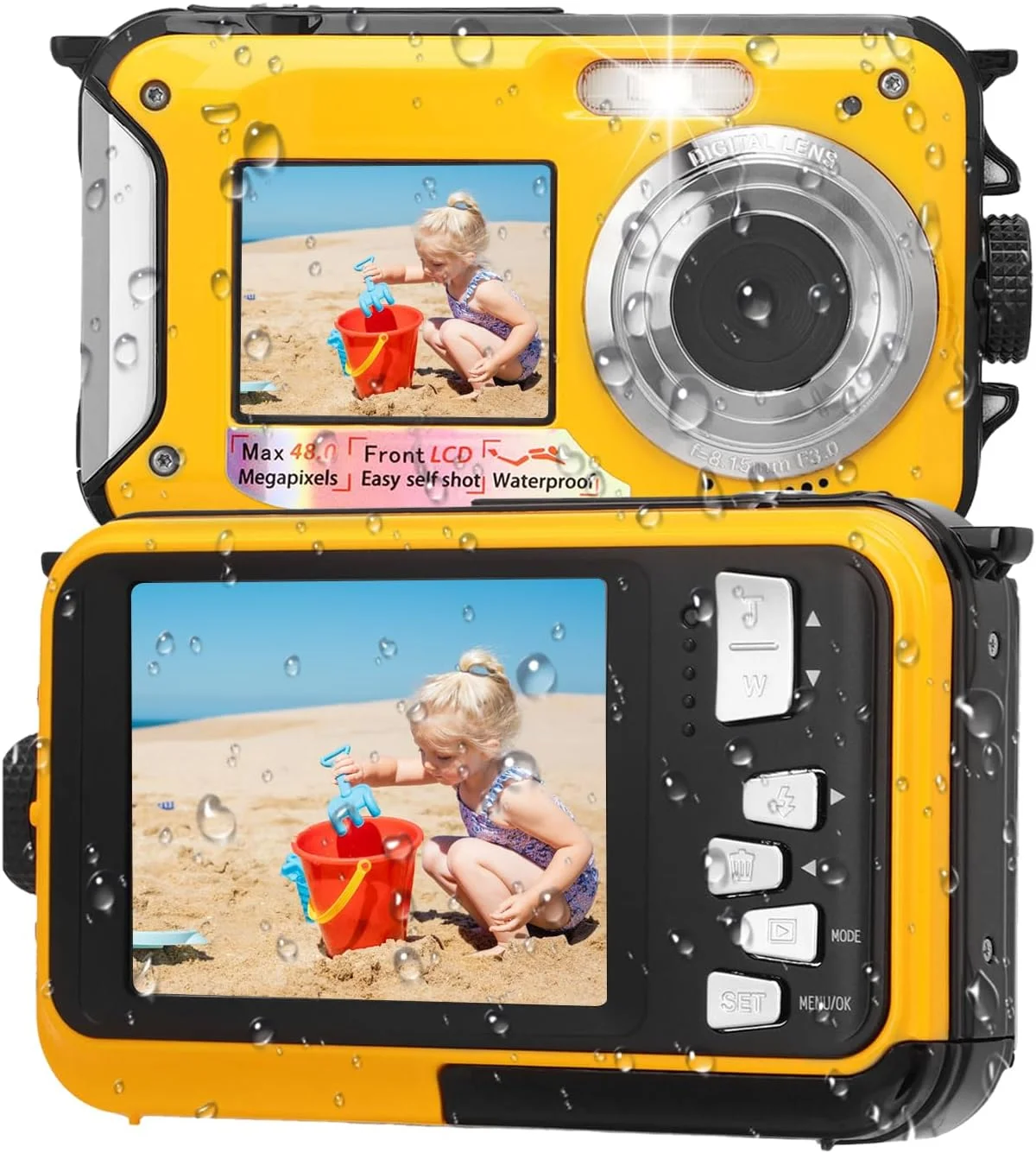 دوربین ضد آب، دوربین 3.3 متری، دوربین دو صفحه نمایش سلفی با فوکوس خودکار Full HD 2.7K 48MP با بند شناور، دوربین ضد آب با نور پرکننده برای غواصی (زرد)