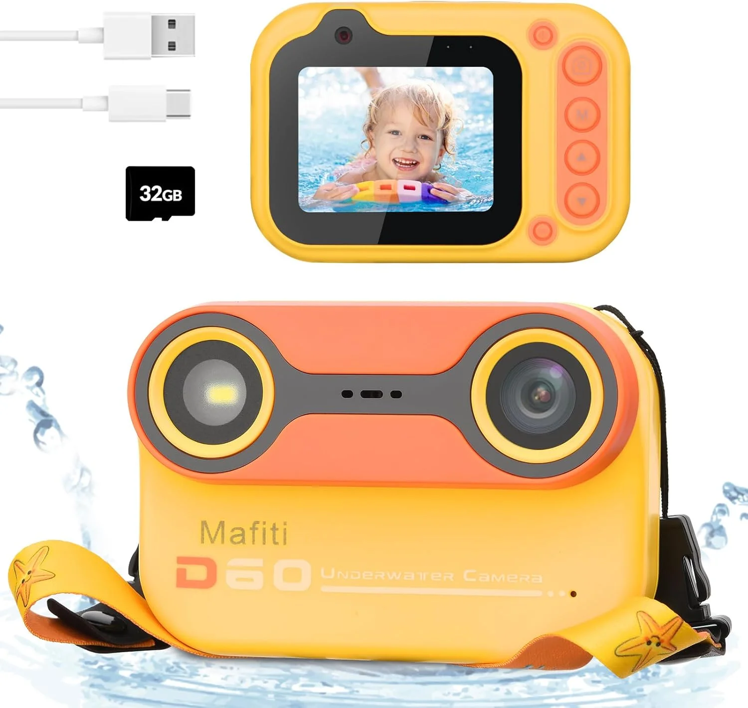 دوربین ضد آب کودکان مفتی، دوربین زیر آب تا عمق 3 متر به همراه کارت حافظه 32 گیگابایتی، اسباب بازی های شناور استخر، هدیه برای کودکان 4 تا 12 سال، عکس های 26 مگاپیکسلی، فیلم های 1080P HD، دوربین دیجیتال سلفی کودکان - نارنجی
