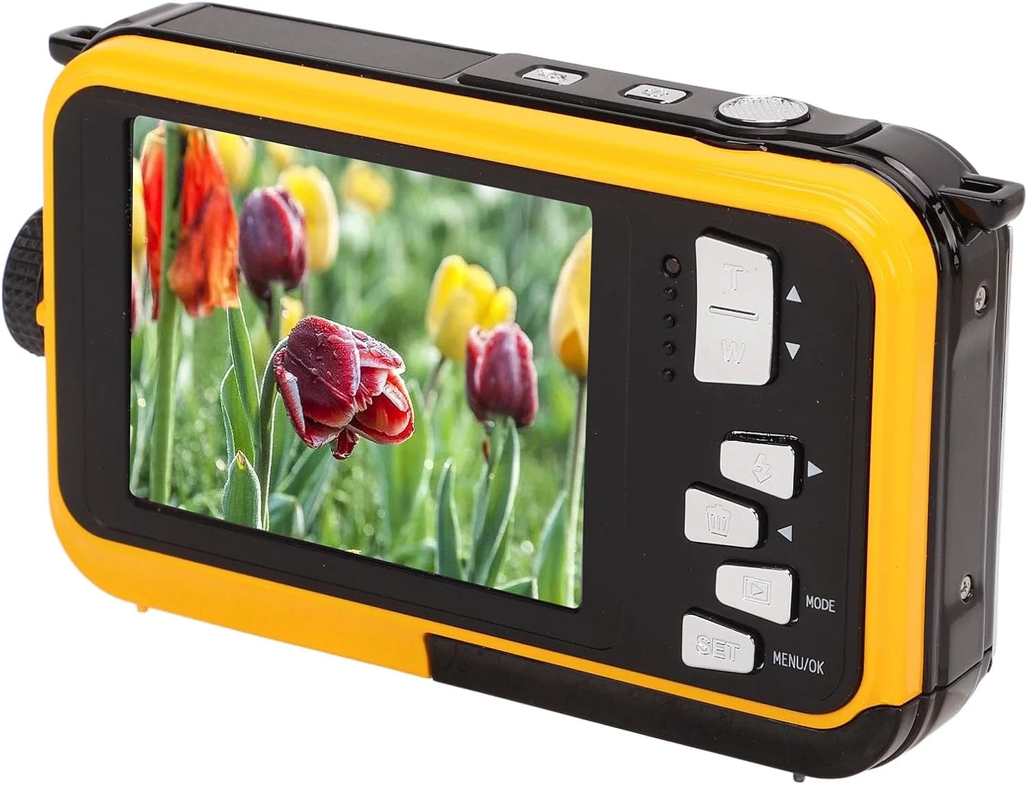 دوربین ضد آب، دوربین 3.3 متری، دوربین دو صفحه نمایش سلفی با فوکوس خودکار Full HD 2.7K 48MP با بند شناور، دوربین ضد آب با نور پرکننده برای غواصی (زرد)