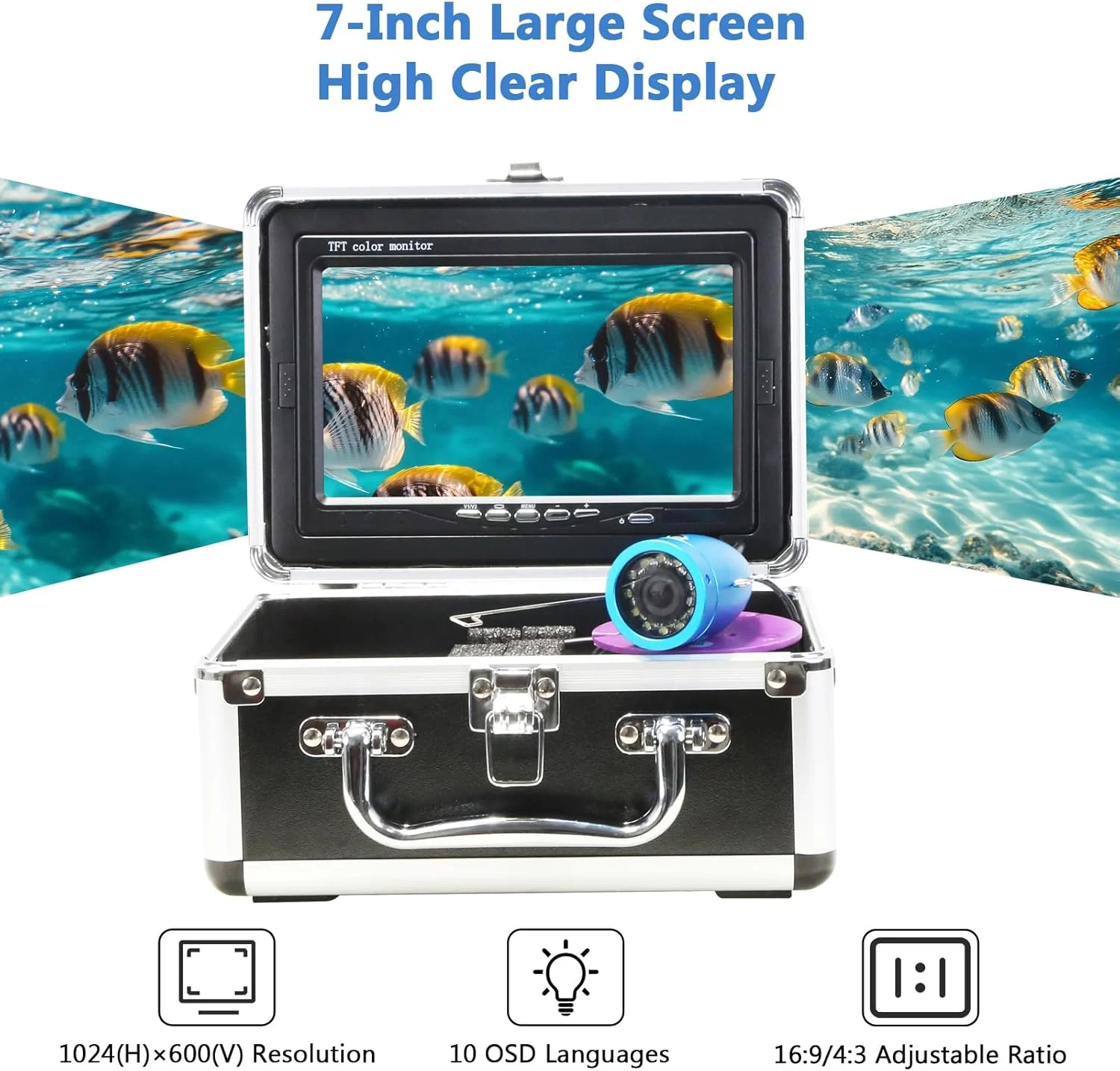 دوربین ماهیگیری زیر آب، صفحه نمایش ال سی دی 7 اینچی با کیفیت 1000TVL، دارای 12 ال ای دی سفید و 12 ال ای دی مادون قرمز، کابل 15/30 متری و باتری 10000 میلی آمپر ساعتی برای ماهیگیری در یخ، قایق کایاک و قایق