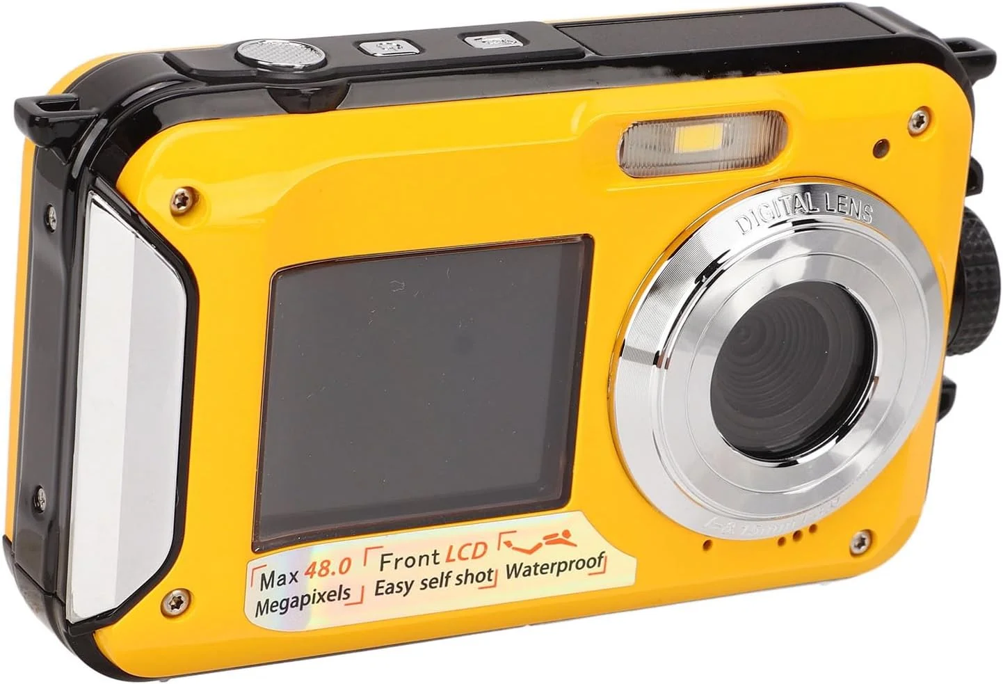 دوربین ضد آب، دوربین 3.3 متری، دوربین دو صفحه نمایش سلفی با فوکوس خودکار Full HD 2.7K 48MP با بند شناور، دوربین ضد آب با نور پرکننده برای غواصی (زرد)