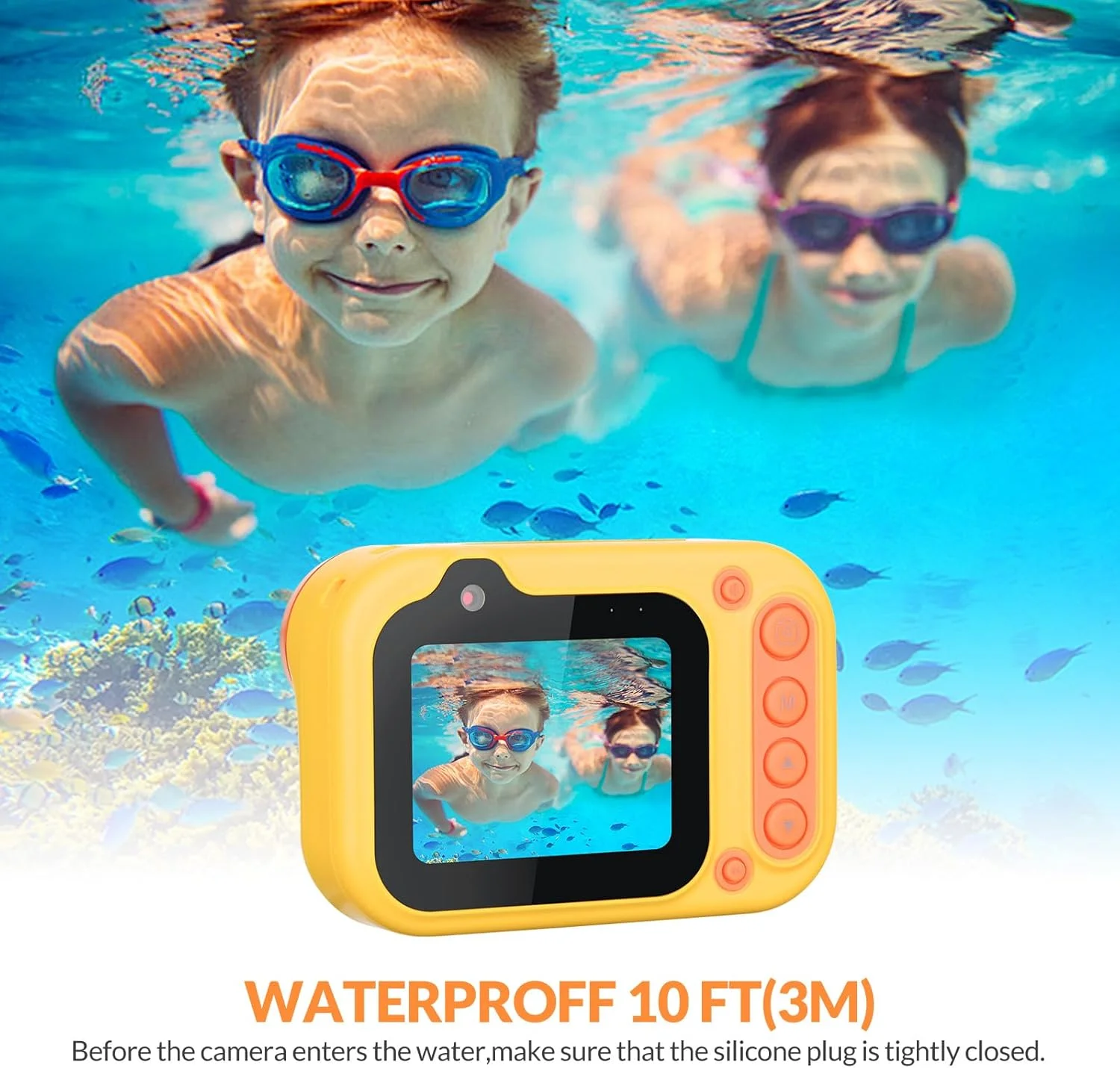 دوربین ضد آب کودکان مفتی، دوربین زیر آب تا عمق 3 متر به همراه کارت حافظه 32 گیگابایتی، اسباب بازی های شناور استخر، هدیه برای کودکان 4 تا 12 سال، عکس های 26 مگاپیکسلی، فیلم های 1080P HD، دوربین دیجیتال سلفی کودکان - نارنجی