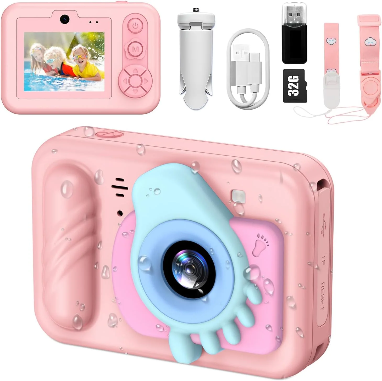 دوربین ضد آب کودکانه - دوربین دیجیتال HD برای کودکان نوپا با قابلیت ضبط ویدیویی 1080P، هدیه تولد و کریسمس ایده آل برای پسران و دختران 3-12 ساله به همراه کارت 32 گیگابایتی (صورتی)