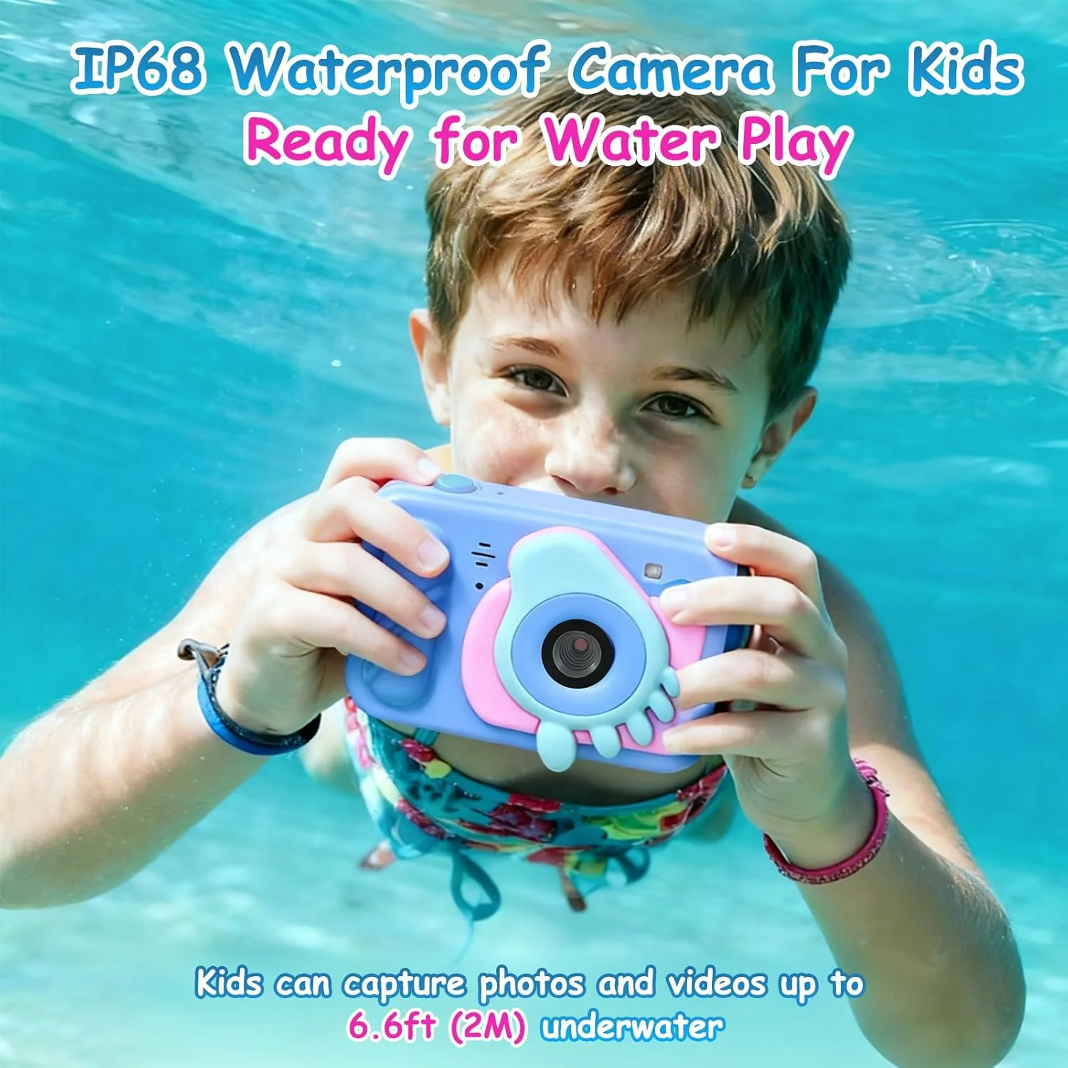 دوربین اسباب بازی ضد آب کودکانه با کارت حافظه 32 گیگابایتی، دوربین دیجیتال 48 مگاپیکسلی 1080P HD زیر آب - دوربین ضد ضربه IP68 برای پسران و دختران 3 سال به بالا، هدیه سرگرم کننده کریسمس و تولد - آبی (اثر پا، آبی)