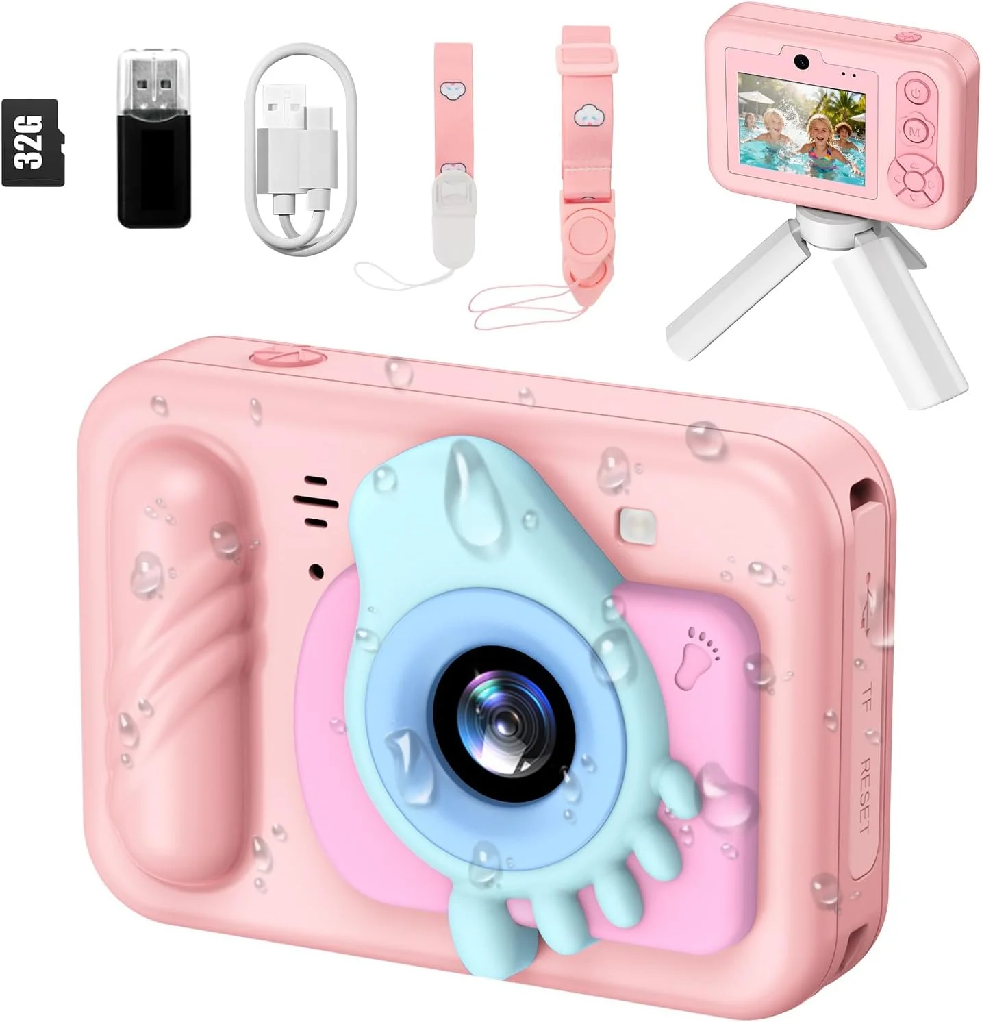 دوربین ضد آب کودکانه - دوربین دیجیتال HD برای کودکان نوپا با قابلیت ضبط ویدیویی 1080P، هدیه تولد و کریسمس ایده آل برای پسران و دختران 3-12 ساله به همراه کارت 32 گیگابایتی (صورتی روشن)