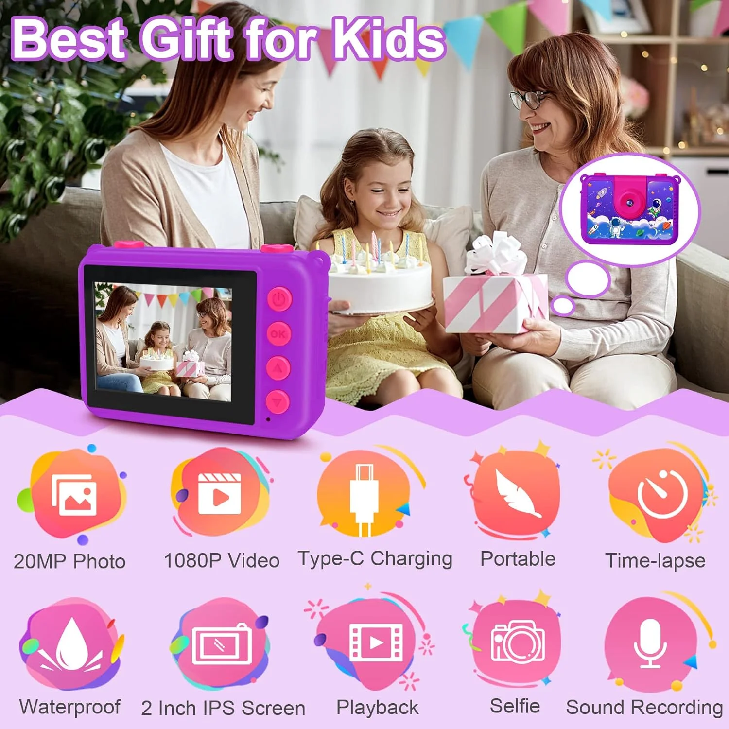 دوربین کودکانه GKTZ - دوربین ضد آب مناسب کودکان، هدیه تولد و کریسمس برای دختران 3 تا 12 سال، دوربین دیجیتال اکشن HD 1080P برای کودکان، اسباب بازی استخر برای کودکان 4 تا 12 سال