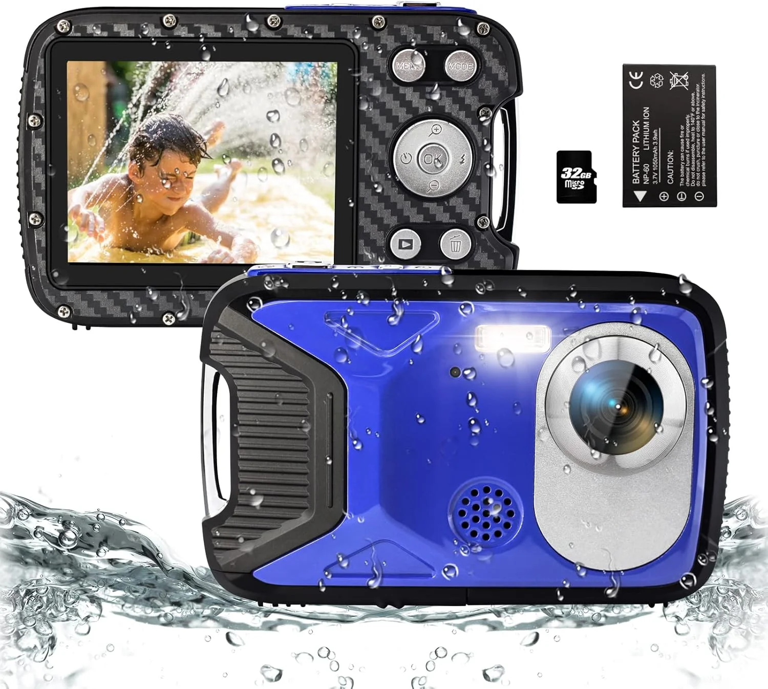 دوربین دیجیتال ضد آب 30 مگاپیکسلی 16 فوت زیر آب با کارت 32 گیگابایتی و باتری قابل شارژ، دوربین 18X برای پسران دختران نوجوانان غواصی شنا تعطیلات (آبی)
