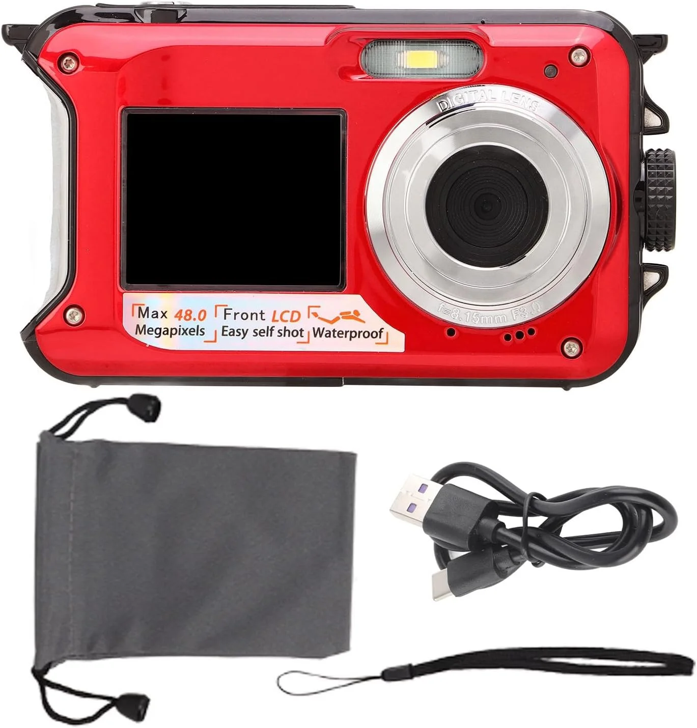 دوربین دیجیتال ضد آب زیر آب فول اچ دی 2.7K 48 مگاپیکسل زوم 16X دو صفحه نمایش قرمز (قرمز)