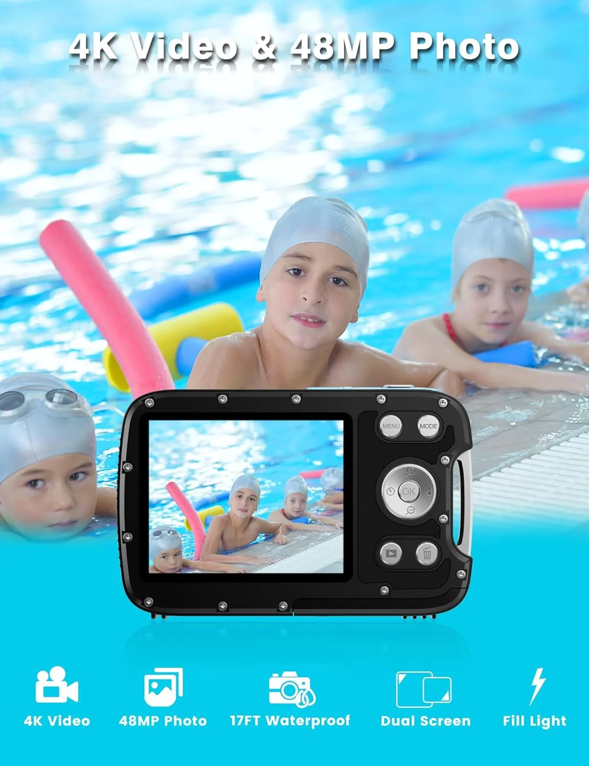 دوربین 4K ضد آب با فوکوس خودکار 48 مگاپیکسل، صفحه نمایش دوگانه، بند شناور و کارت 32 گیگابایتی، دوربین دیجیتال جمع و جور ضد آب 17 فوتی، دوربین زیر آب برای غواصی