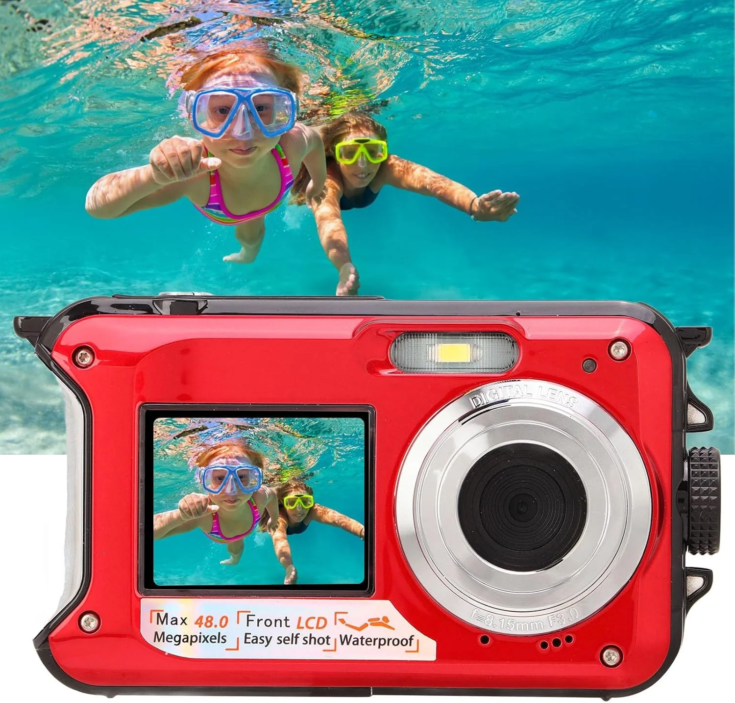 دوربین دیجیتال ضد آب زیر آب فول اچ دی 2.7K 48 مگاپیکسل زوم 16X دو صفحه نمایش قرمز (قرمز)