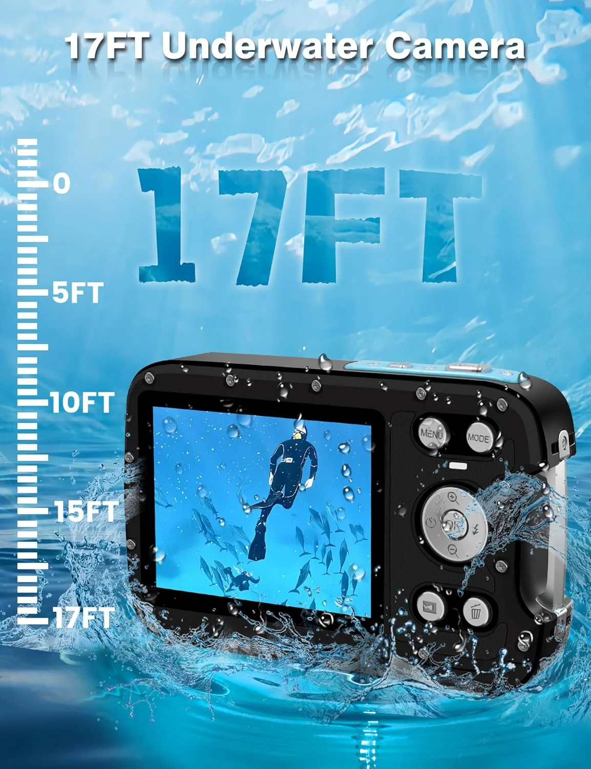 دوربین 4K ضد آب با فوکوس خودکار 48 مگاپیکسل، صفحه نمایش دوگانه، بند شناور و کارت 32 گیگابایتی، دوربین دیجیتال جمع و جور ضد آب 17 فوتی، دوربین زیر آب برای غواصی