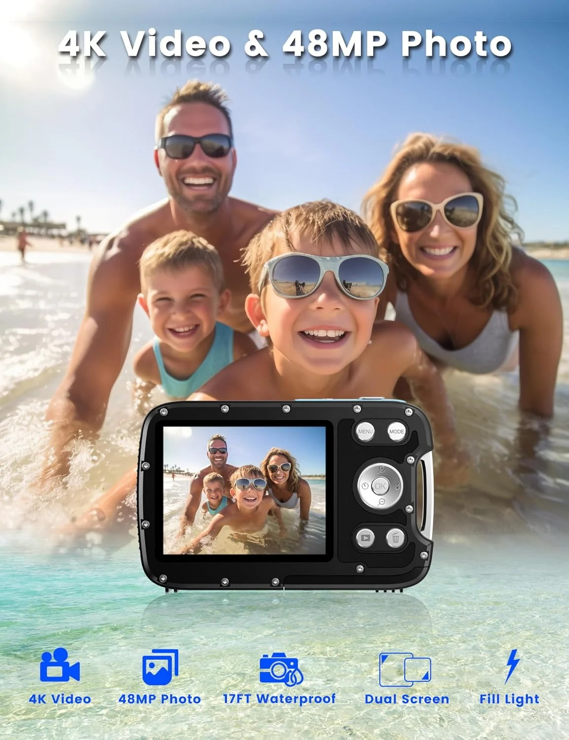 دوربین ضد آب 4K 48MP با فوکوس خودکار، صفحه نمایش دوگانه و بند شناور و کارت 32 گیگابایتی، دوربین دیجیتال ضد آب جمع و جور 17 فوتی، دوربین زیر آب با نور پرکننده برای غواصی