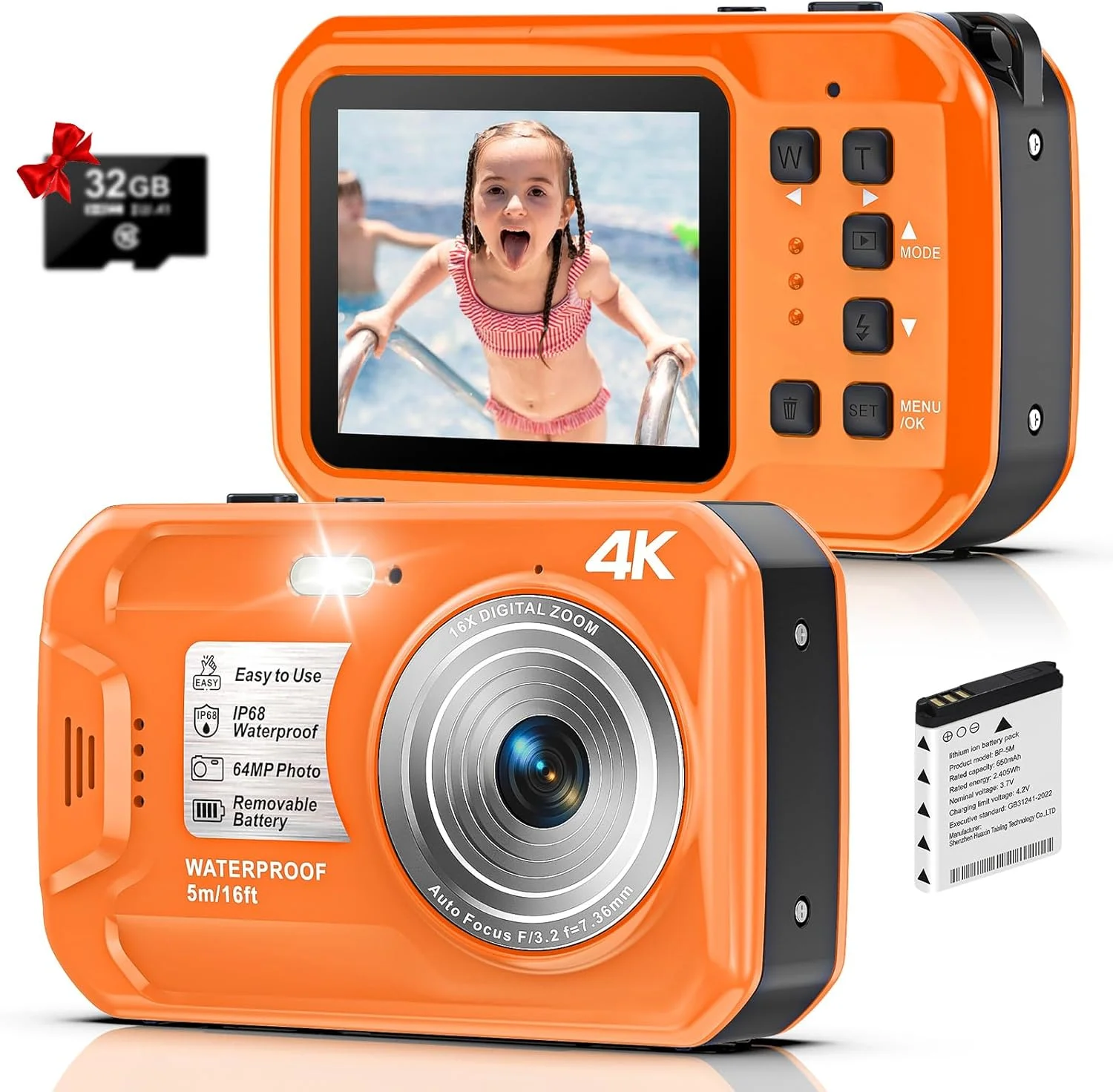 دوربین 4K زیر آب 64 مگاپیکسل، ضد آب تا عمق 16 فوت، شناور، فوکوس خودکار، صفحه نمایش IPS HD، کارت 32 گیگابایتی، زوم دیجیتال 16 برابر، نارنجی