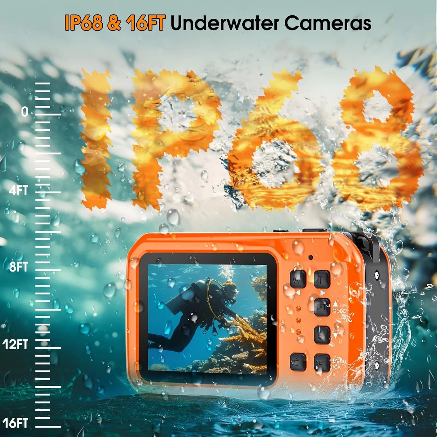 دوربین 4K زیر آب 64 مگاپیکسل، ضد آب تا عمق 16 فوت، شناور، فوکوس خودکار، صفحه نمایش IPS HD، کارت 32 گیگابایتی، زوم دیجیتال 16 برابر، نارنجی